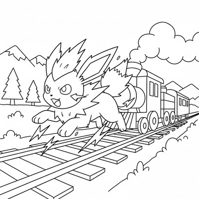 Jolteon springer ikapp tåget längs spåren