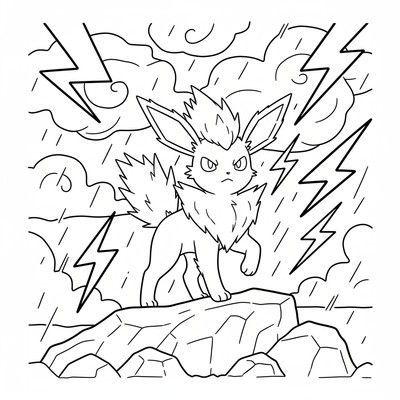 Jolteon står på en klippa i stormigt väder