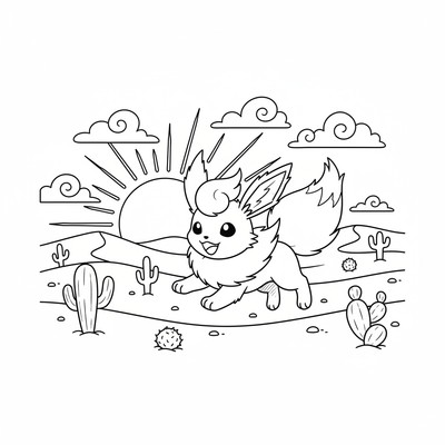 Flareon springer genom en öken i solnedgång