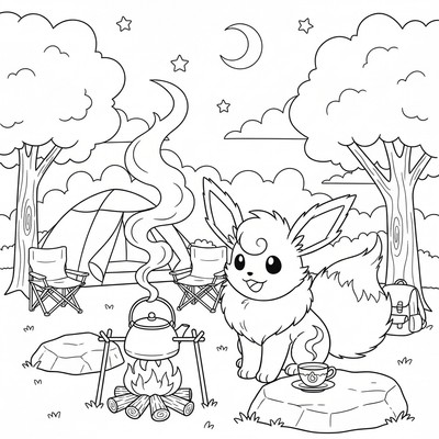 Flareon värmer tevatten på en campingplats