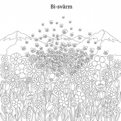 Bi-svärm över fält av blommor med berg i bakgrunden