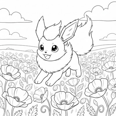 Flareon springer genom ett fält av vallmo