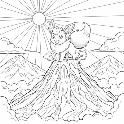 Flareon står på en vulkans topp