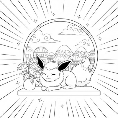 Flareon vilar i ett soligt fönster