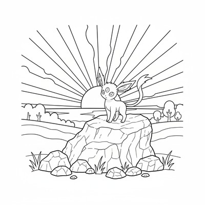 Espeon står på en sten i soluppgången