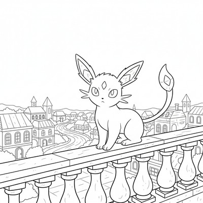 Espeon spanar över en stad från en balkong
