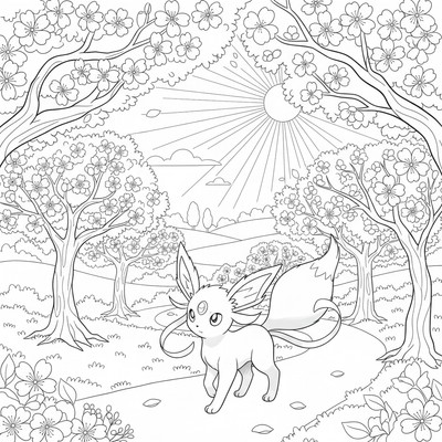 Espeon vandrar på en stig kantad av körsbärsblommor