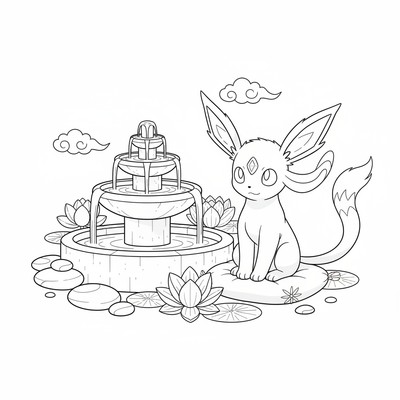 Espeon mediterar vid en vattenfontän