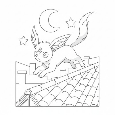 Espeon hoppar på takpannor i kvällsljus