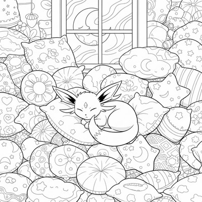 Espeon vilar i ett rum fyllt av kuddar