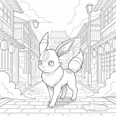 Umbreon vandrar genom en dimmig stadsgata på natten