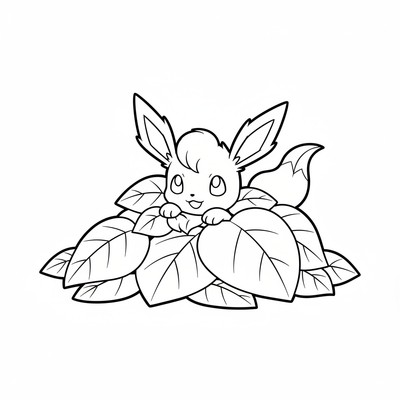 Leafeon gömmer sig i en hög med höstlöv