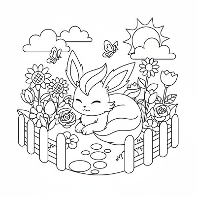 Leafeon vilar i en trädgård fylld av blommor