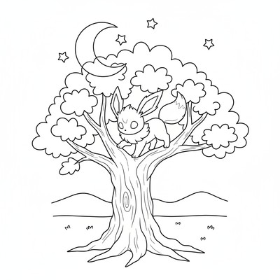 Leafeon klättrar på en gammal ek i skymningen