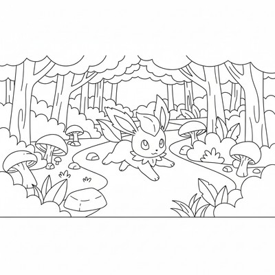 Leafeon springer genom en lummig skogsstig