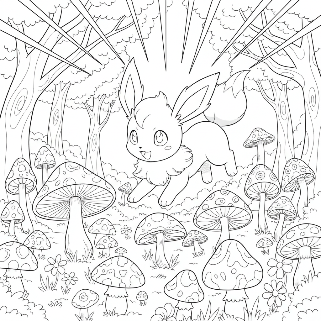 Leafeon leker bland svampar i en skogsglänta