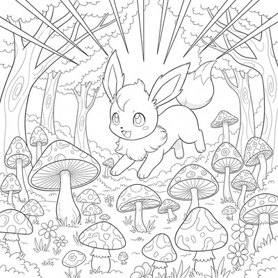 Leafeon leker bland svampar i en skogsglänta