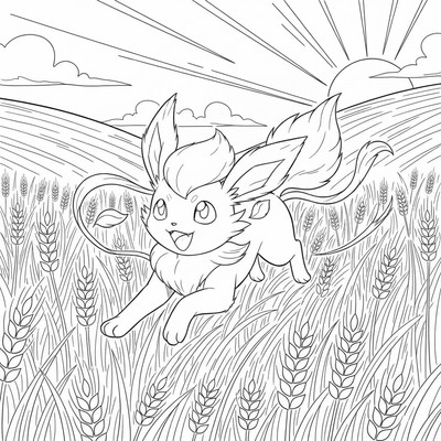 Leafeon springer genom en åker av vete