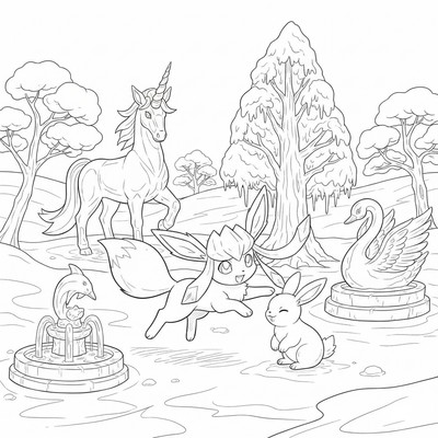 Glaceon leker med isstatyer i en park