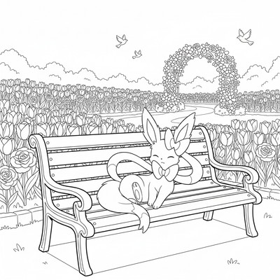 Sylveon vilar på en bänk i en blomsterpark