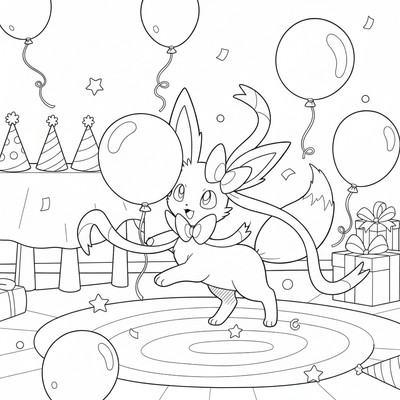 Sylveon leker med ballonger på en fest