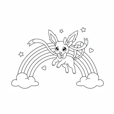 Sylveon hoppar genom en regnbågsbåge