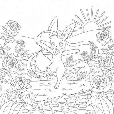 Sylveon dansar i en trädgård med rosenbuskar