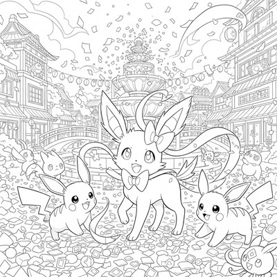 Sylveon blir firad med konfetti på torget