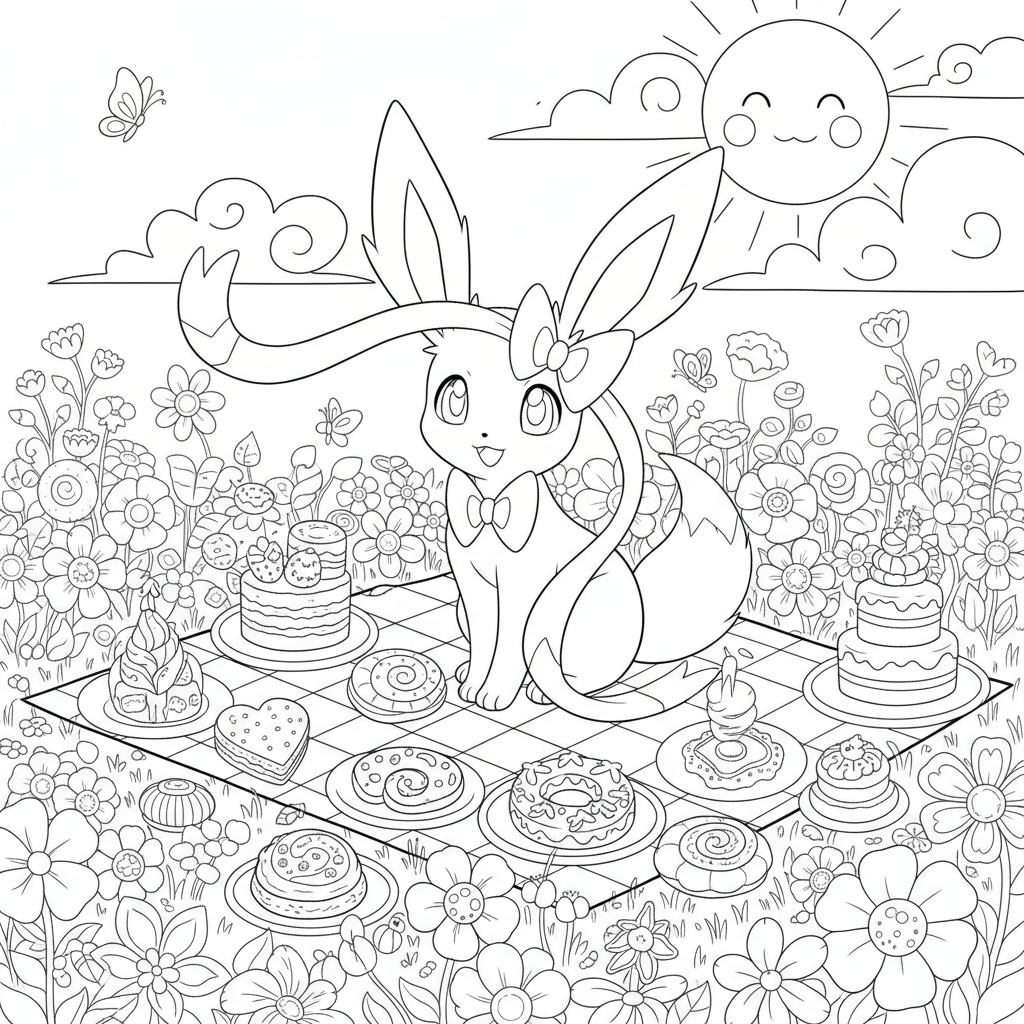 Sylveon sitter på en picknickfilt bland kakor