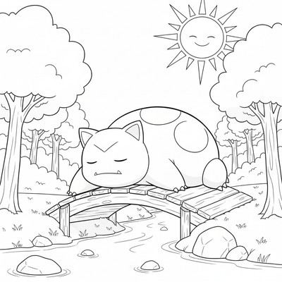 Snorlax blockerar en bro i skogen