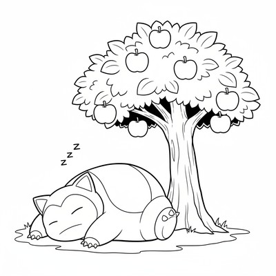 Snorlax sover under ett äppelträd