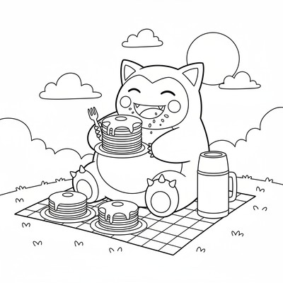 Snorlax äter pannkakor på en picknick