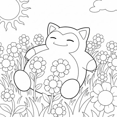 Snorlax ligger mitt i en blomsteräng