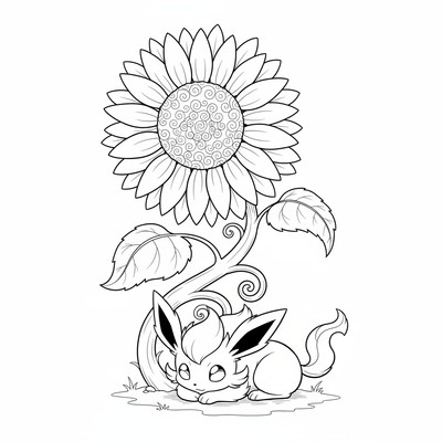 Leafeon vilar under en gigantisk solros