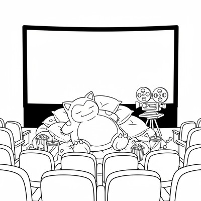 Snorlax sover framför en bioskärm