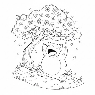 Snorlax sträcker på sig under ett körsbärsträd