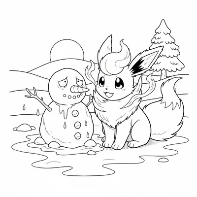 Flareon värmer en snögubbe som smälter