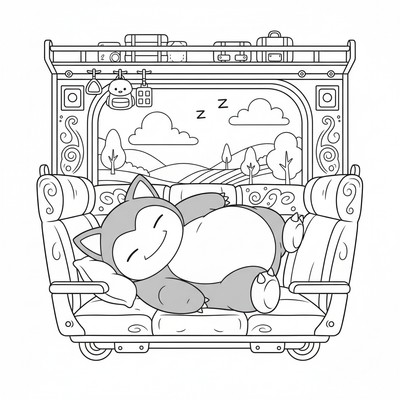 Snorlax sover på ett tåg under resan