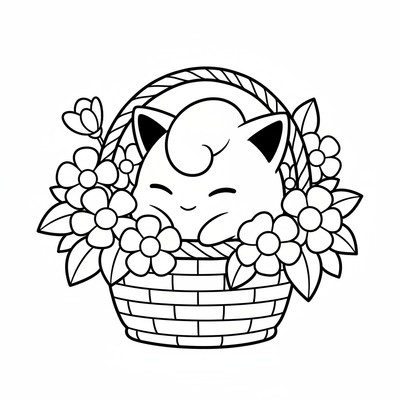 Jigglypuff vilar i en blomsterkorg