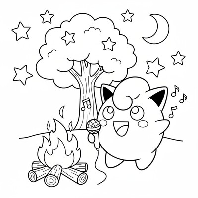 Jigglypuff sjunger vid en lägereld under stjärnorna
