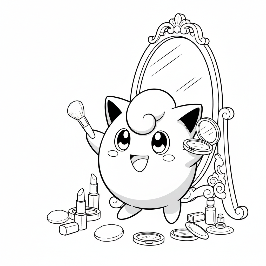 Jigglypuff poserar framför en spegel med smink