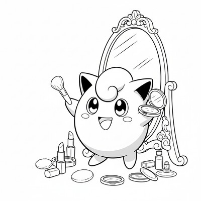 Jigglypuff poserar framför en spegel med smink