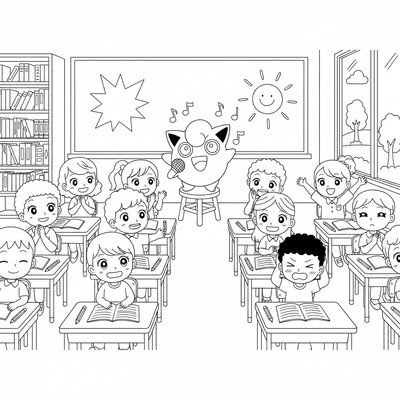 Jigglypuff sjunger i ett klassrum fullt av barn