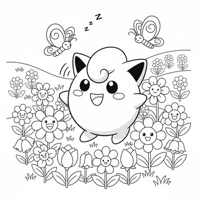 Jigglypuff sjunger i en blomsteräng