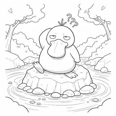 Psyduck kliar sig förvirrat på huvudet vid en flod