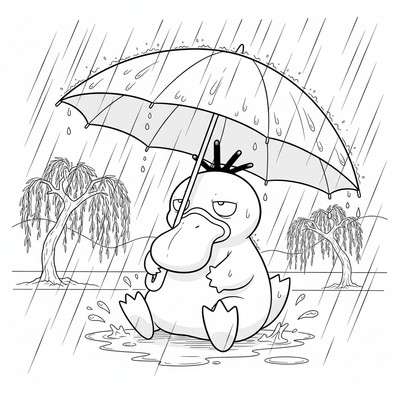 Psyduck sitter med ett paraply i ösregn