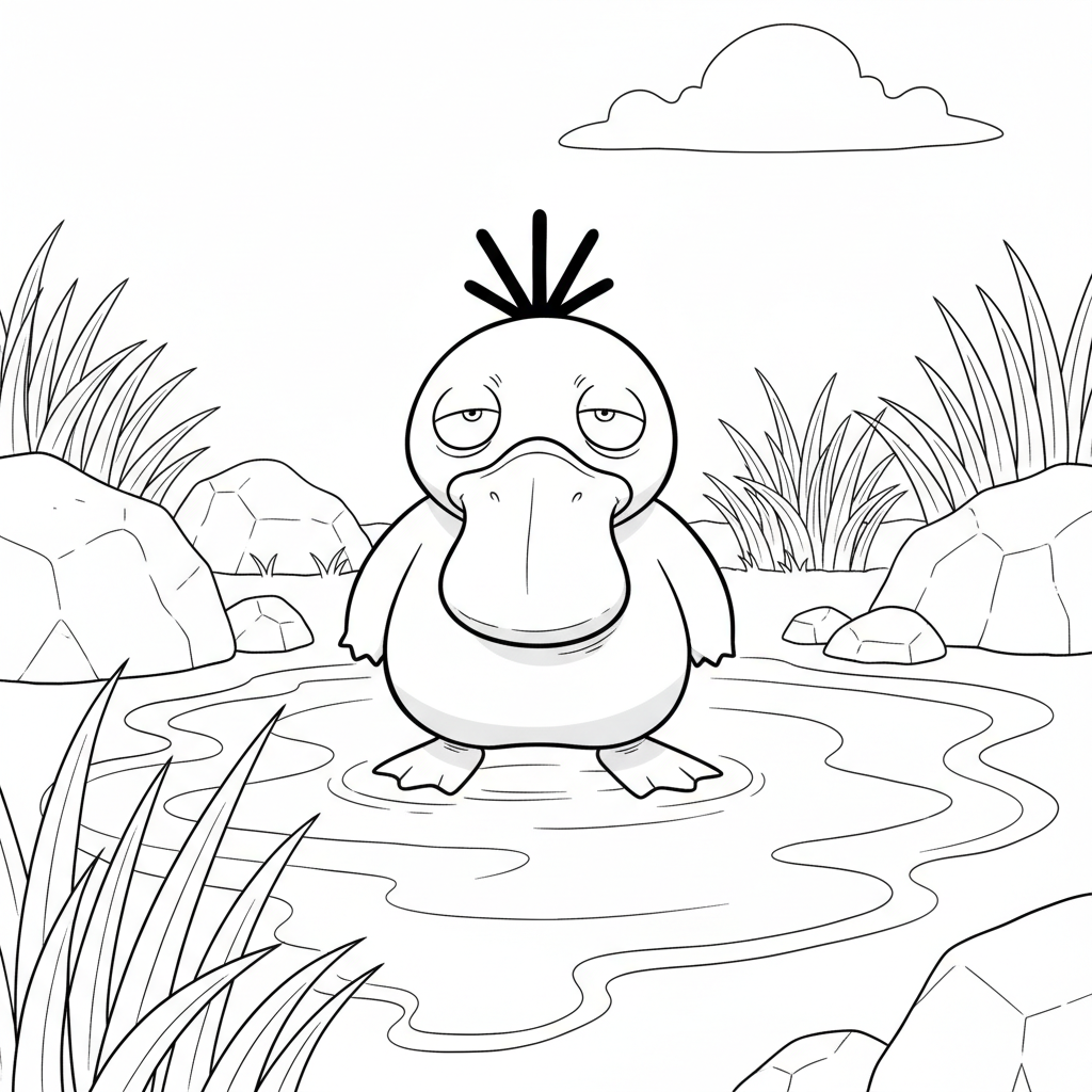 Psyduck står i en vattenpöl och tittar upp