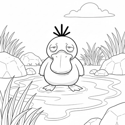 Psyduck står i en vattenpöl och tittar upp