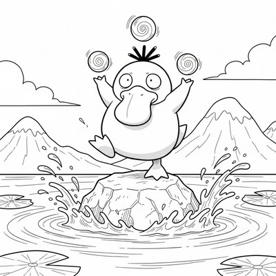 Psyduck balanserar på en sten mitt i vattnet