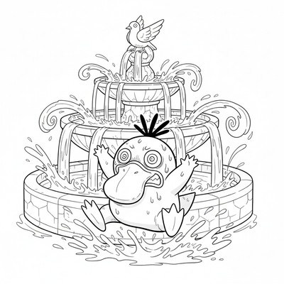 Psyduck springer runt i en fontän i panik